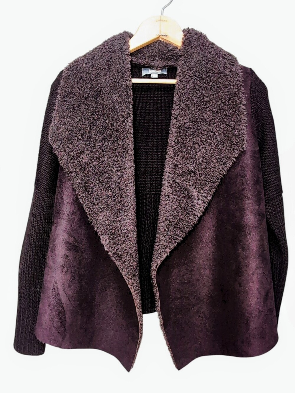Neiman Marcus Faux Fur Mixed Media Knit Drape Cardigan Eggplant Women's SMALL